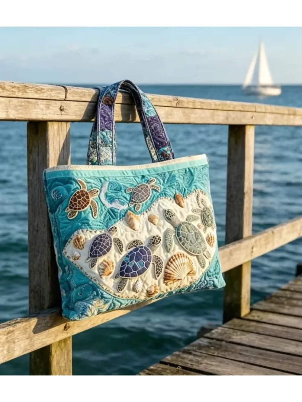 NWT Quilted Sea Turtle Tote Bag Large Coastal Beach Handbag Seashell Ocean
